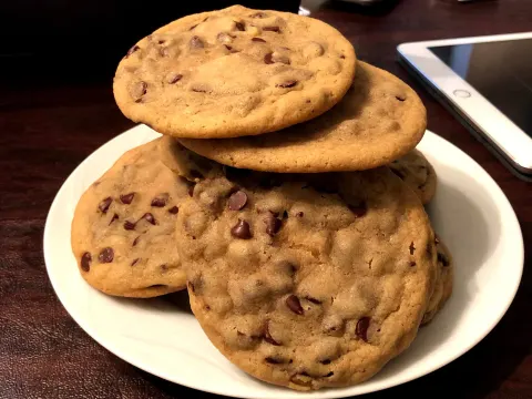 A plate of chocolate chip cookies